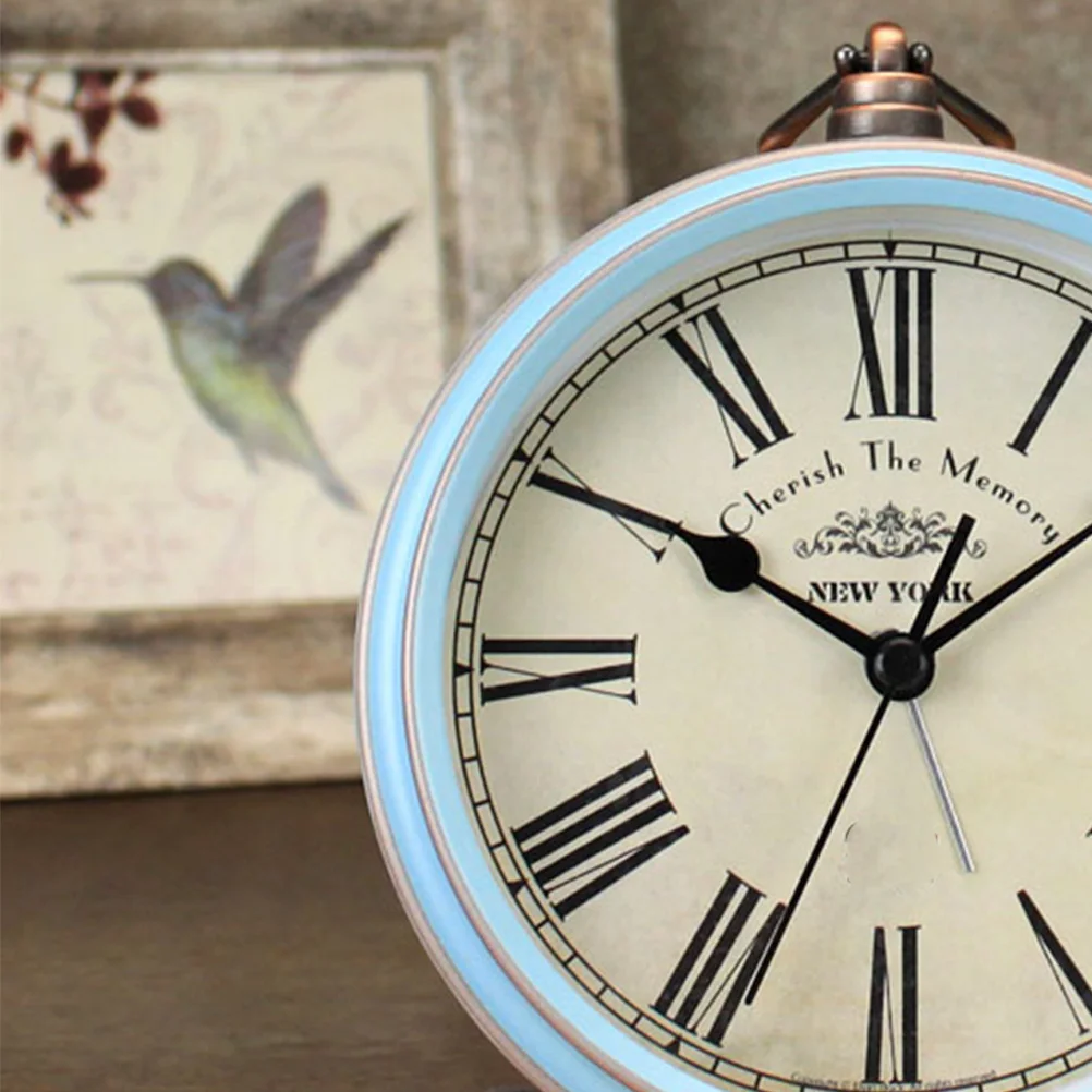 

1pc Retro Desk Alarm Clock Creative Metal Table Clock For Home Decor Vintage Style No Needed Blue Roman Numerals