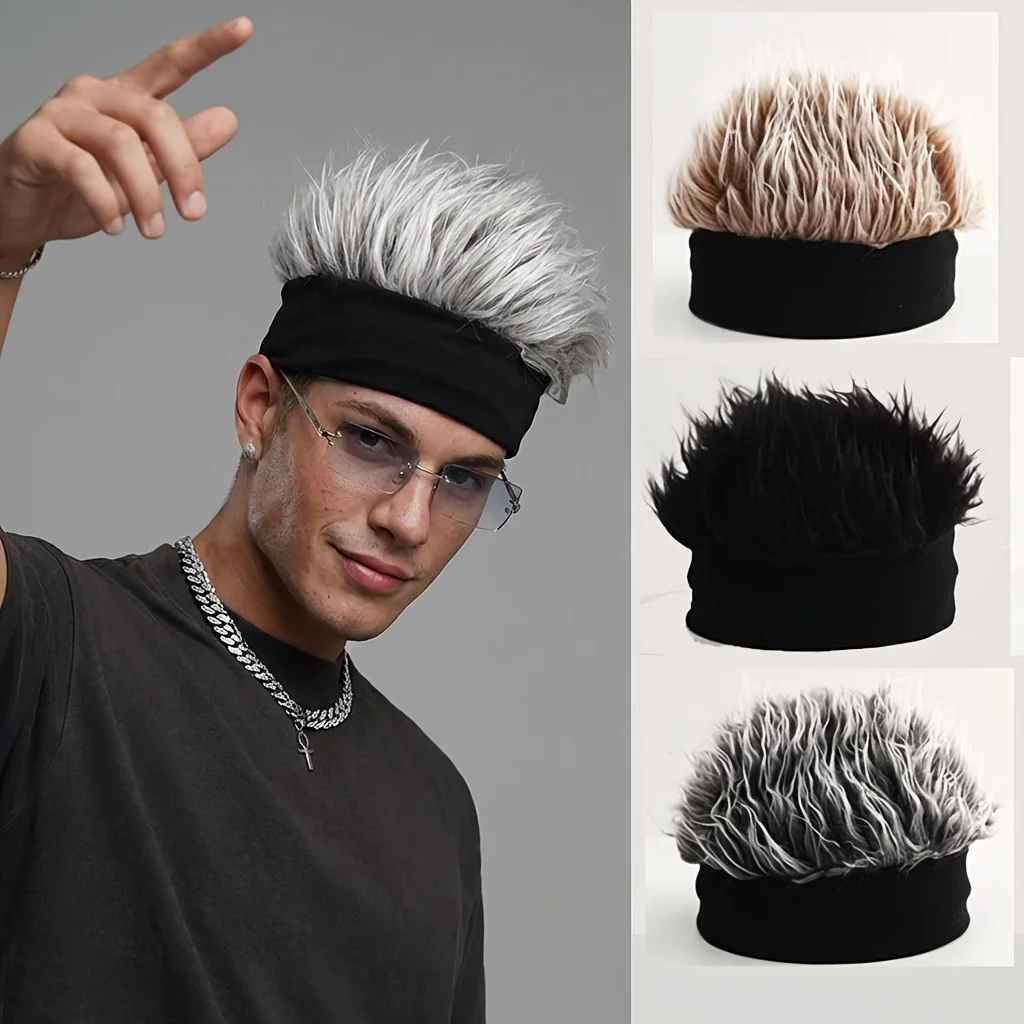 

3 Colors Sporty Prank Hat, Fun Costume Party Accessory, Short Hair Prank Hat with Gray Fluffy Wig, Black White Headband