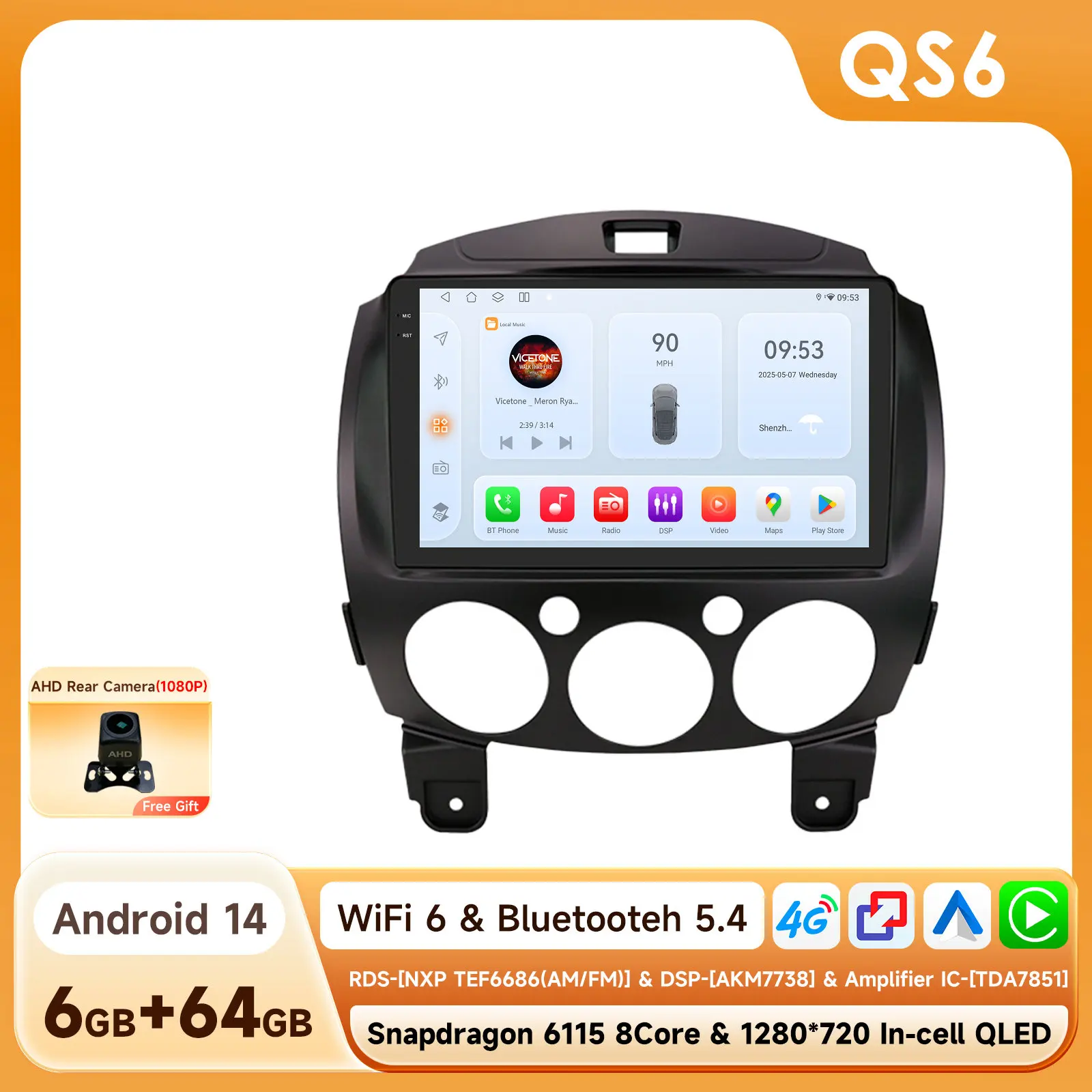 Auto Multimedia Video Player voor MAZDA 2 2007-2014 Android 14 DSP Carplay Stereo GPS Navigatie 2din BT 4G 9 ''door Snapdragon 6115