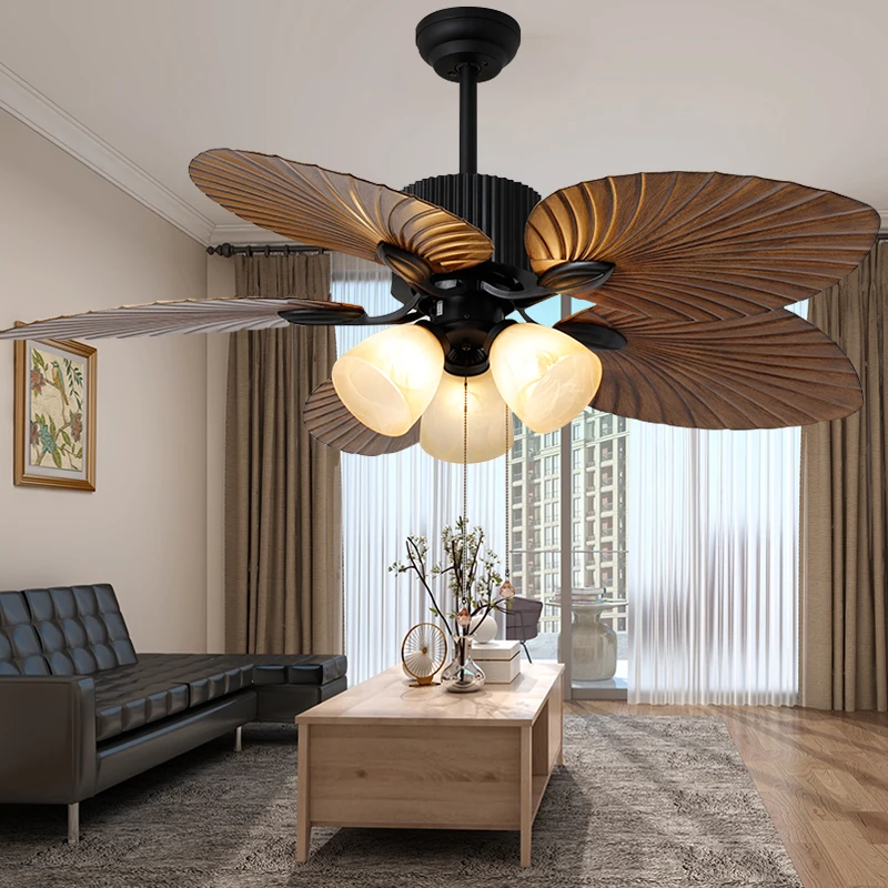 

European Style Leaf Blade Living Room Restaurant Three Light Color Decorative AC Ceiling Fan With Remote Control
