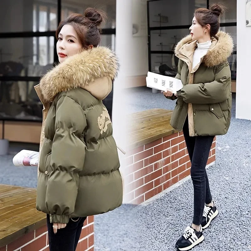 Autumn Winter Female Hooded Cotton Padded Coat 2024 Women Big Fur Collar Loose Fit Parka Jacket Ladies Thickening Puffer Outwear