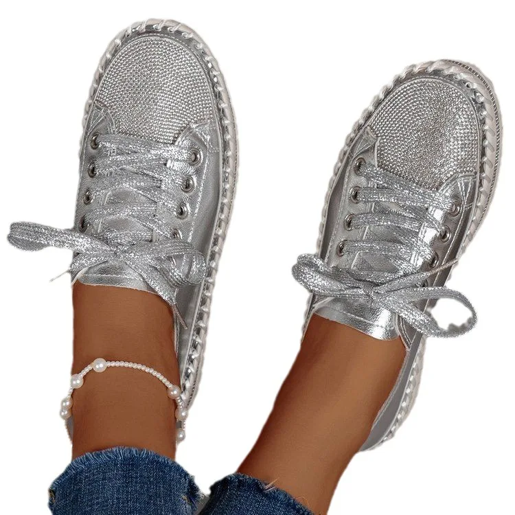 Shoes for Women Sneakers Plus Size 35-44 Crystal Thick Soles Casual Rhinestones PU Walking Flats Thick Bottom Lace Up Shoes