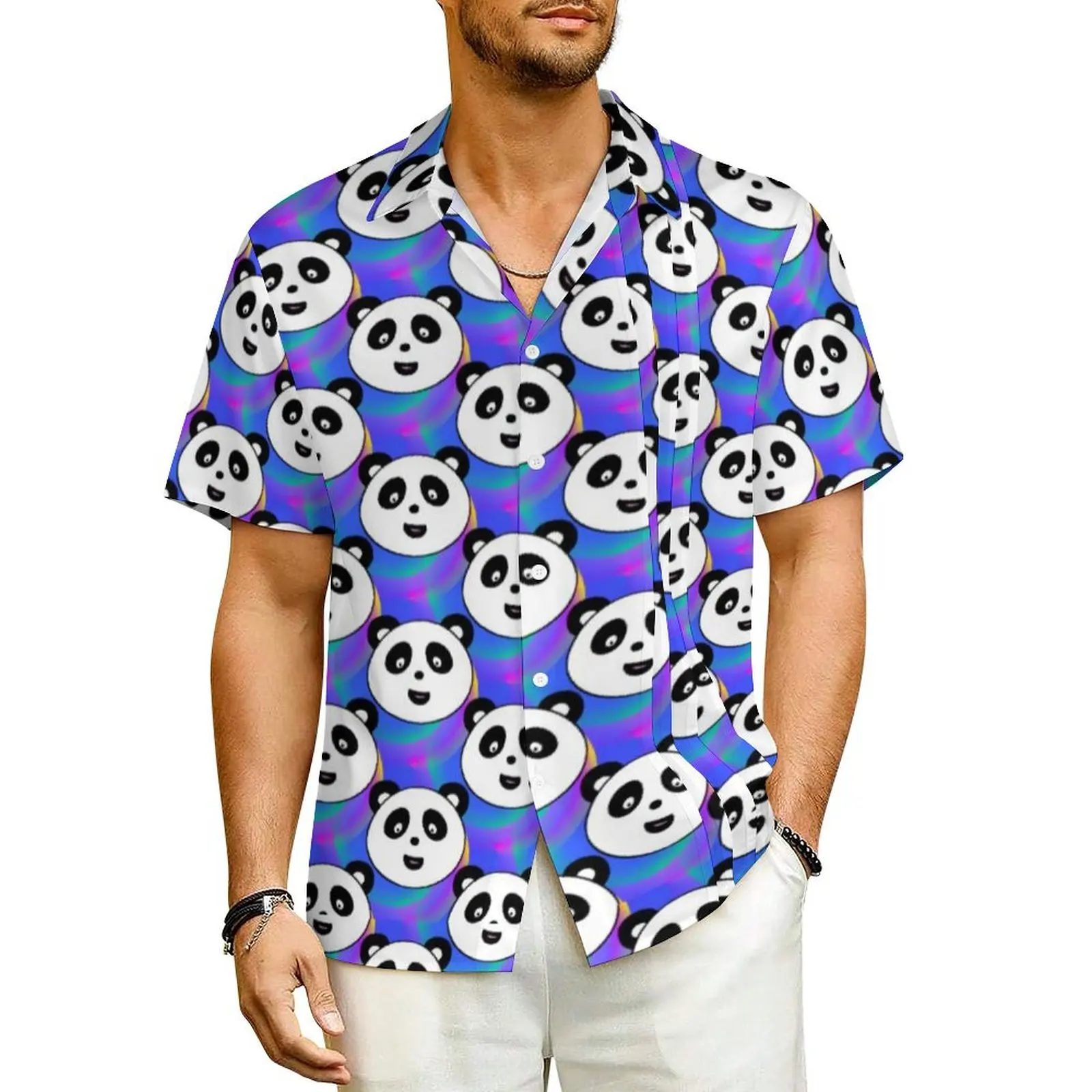 Panda Party Vacation Shirt Kawaii Animal Print Summer Casual Shirts Male Elegant Blouses Short-Sleeve Breathable Design Clothing