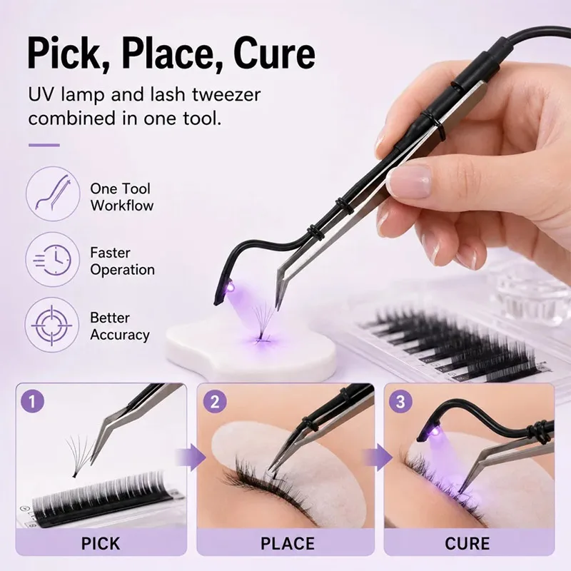 Mini UV Lash Lamp Tweezers 2‑Second Fast Curing Light Eyelash Extension Tweezer Portable LED Flashlight For Lash Glue Nail Art view 2