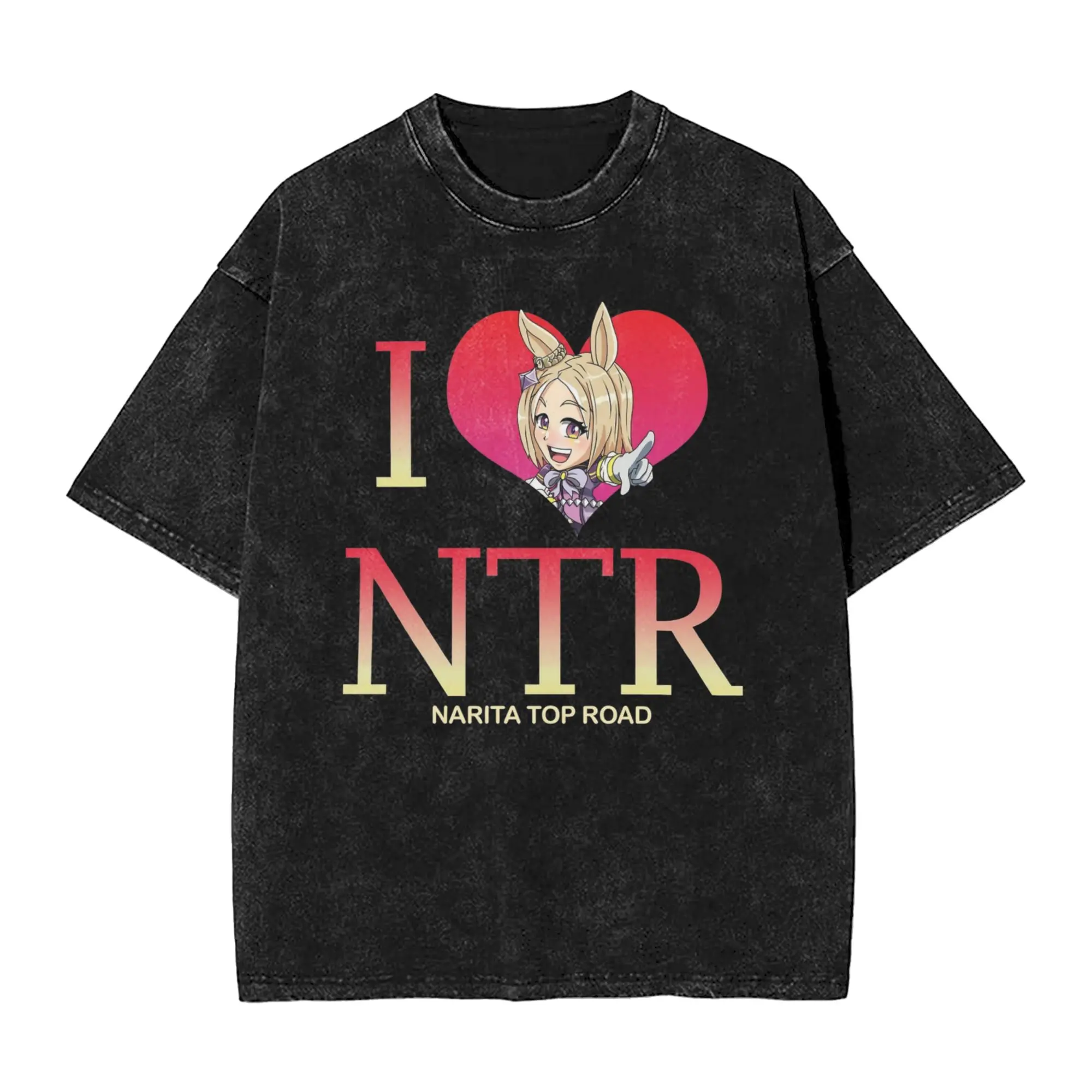 Camiseta Umamusume Pretty Derby I Love NTR, Camisetas de Hip Hop Lavadas de Manga Corta y Talla Grande para Hombres y Mujeres, Tops de Moda Urbana