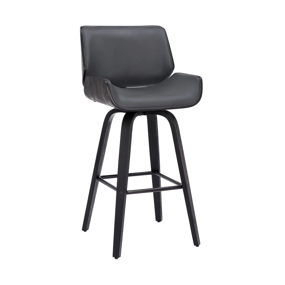 30 Inch Faux Leather Wood Swivel Bar Stool Kitchen Dining Chair Gray Upholstered Modern Design Stable Base 360 Degree Mobility