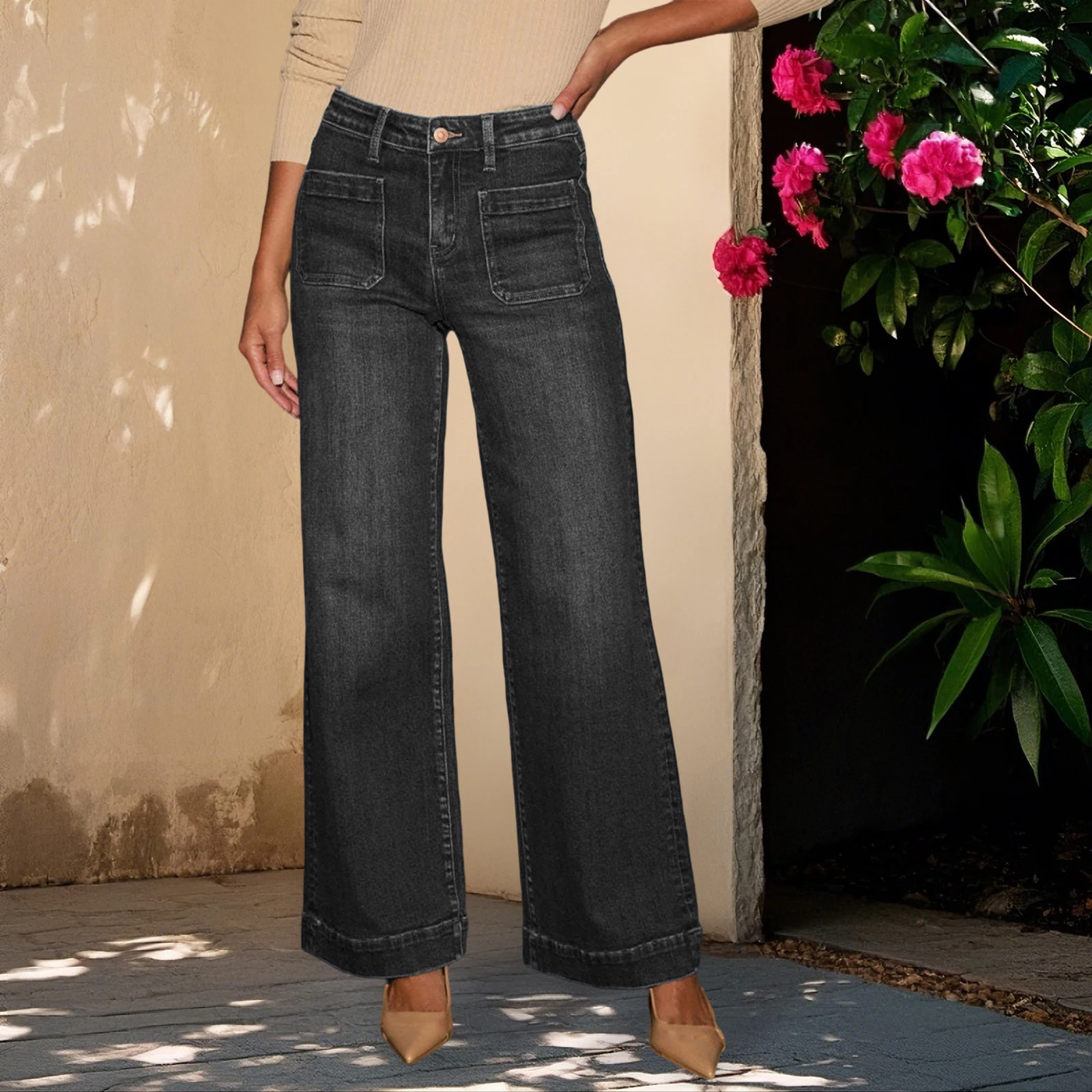 여성 와이드 레그 청바지 우아한 하이 웨이스트 솔리드 루즈 바지 포켓 포함 스트리트웨어