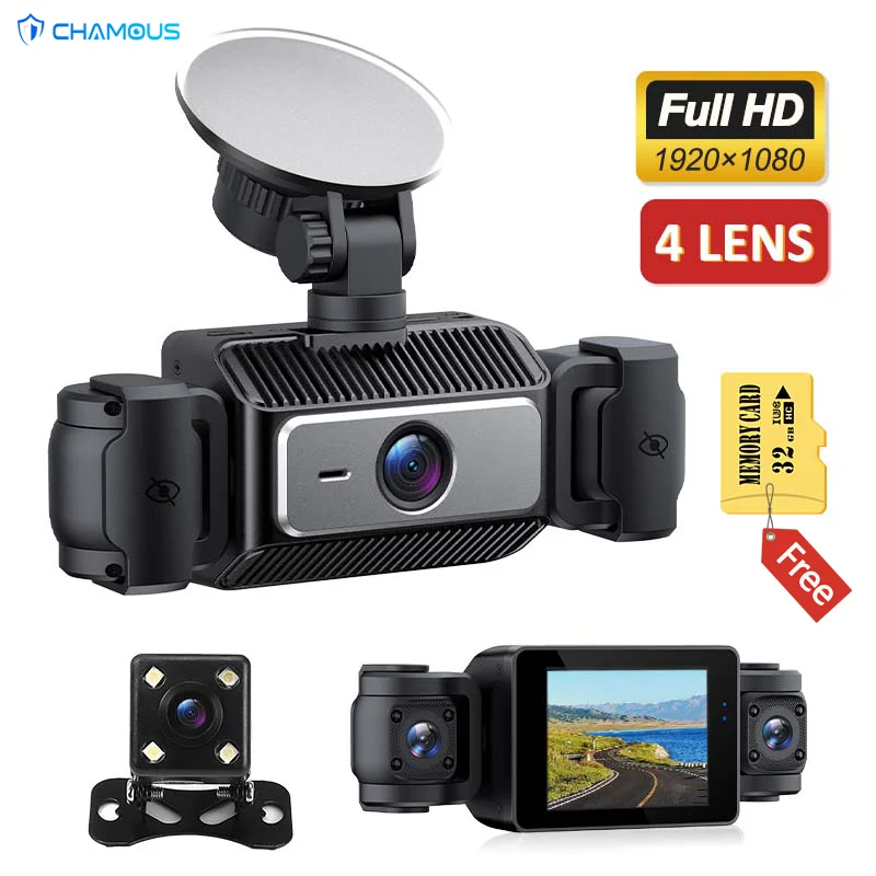 

Видеорегистратор 1080P HD с четырьмя объективами 360 ° Универсальный записывающий регистратор с петлей на 24 часа и экраном дисплея для всех автомобилей