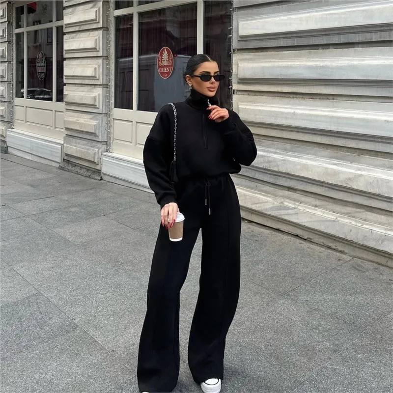 Setelan Dua Potong Wanita Kasual Warna Solid Terbaru, Hoodie Longgar Lengan Panjang Modis, Celana Panjang Model Lurus