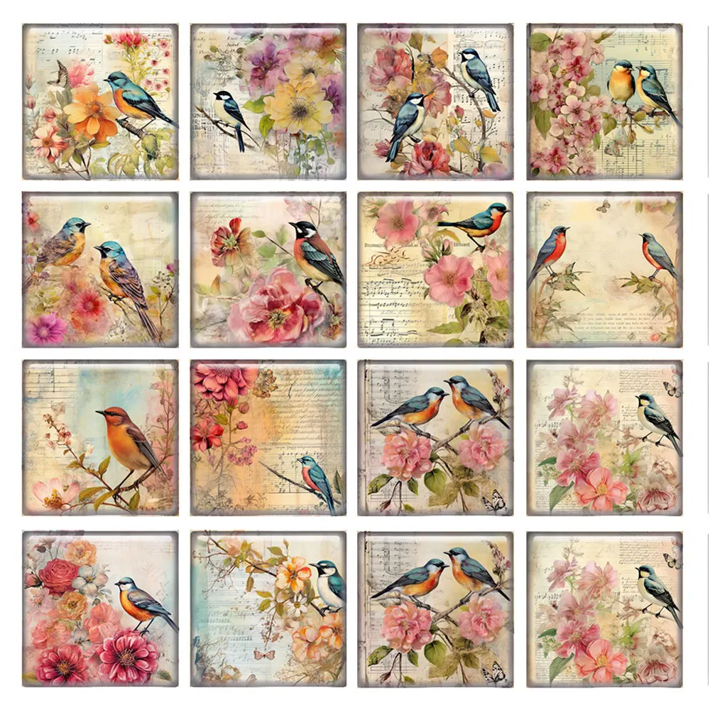 

10pcs/lots Retro Flower Branch Bird Square Photo Glass Cabochon Flatback Demo Flat Back Cameo For Diy Jewelry Making