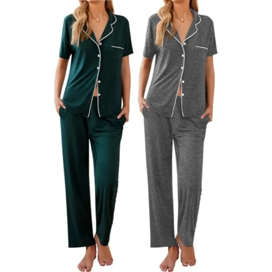 2 Pack Womens Pajamas Short Sleeve Pjs Notch Collar Button Up Loungewear Cozy Sleepwear Sets