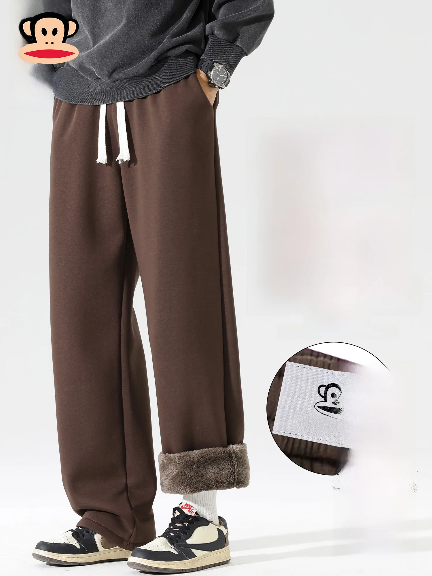 

Мужские повседневные брюки Paul Frank на флисовой подкладке, новые весенние свободные прямые теплые брюки из дышащего полиэстера и хлопка