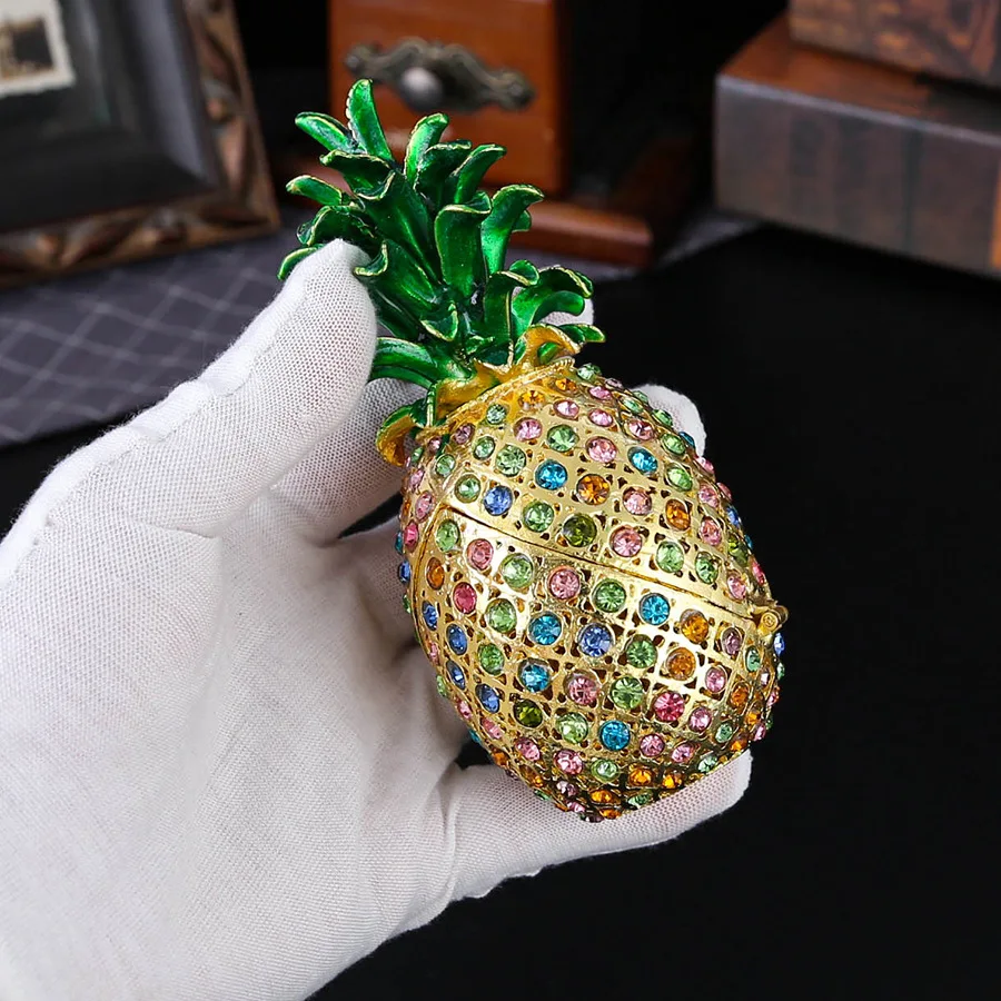 Pineapple Hinged Trinket Box Hand-Painted Enamel Fruit Pineapple Jewelry Box for Home Kitchen Office for Women