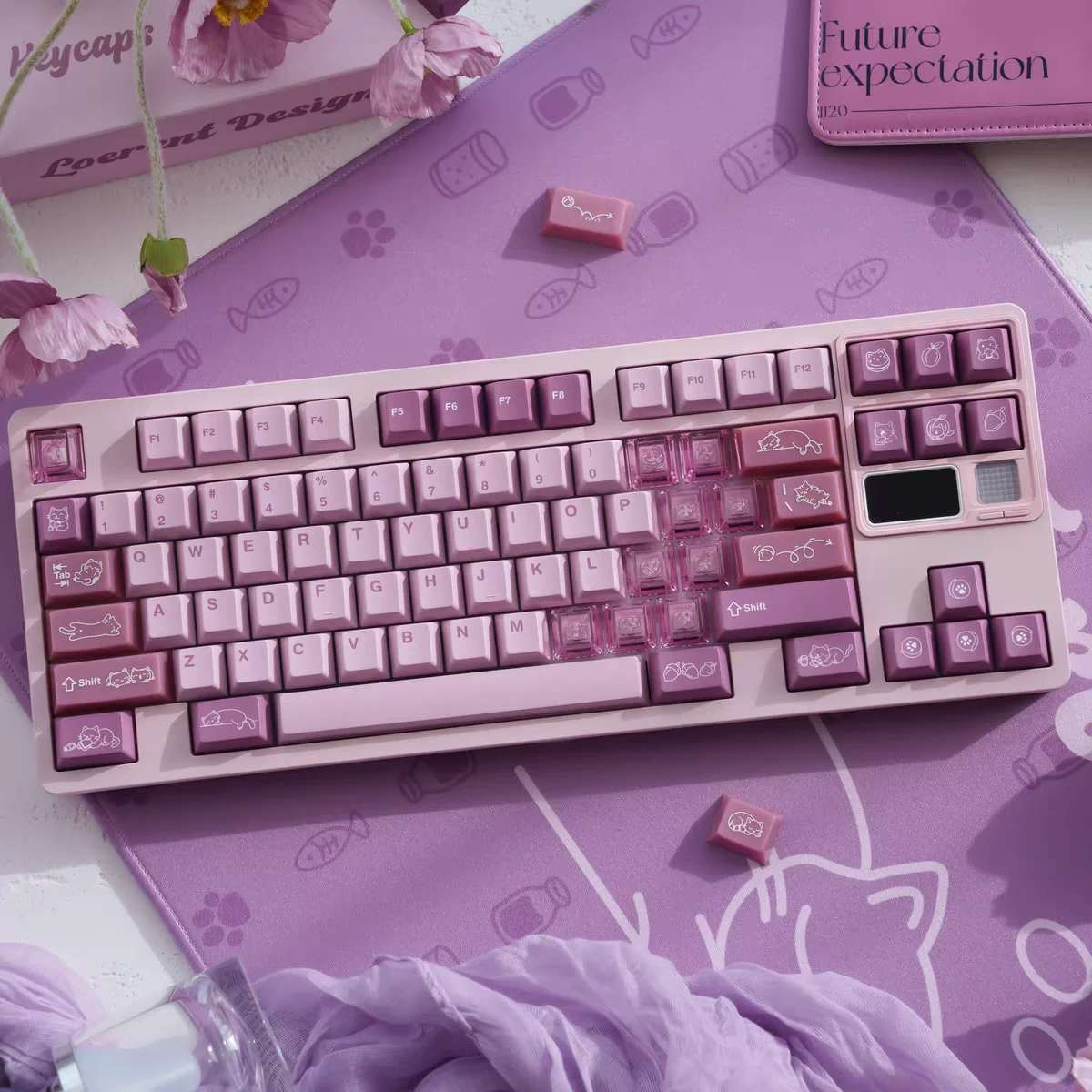 

Berries Cats Theme Keycaps Set PC PBT Sublimation Keyboard Caps Custom Cherry Profile Keycap for Mechanical Keyboard Accessories