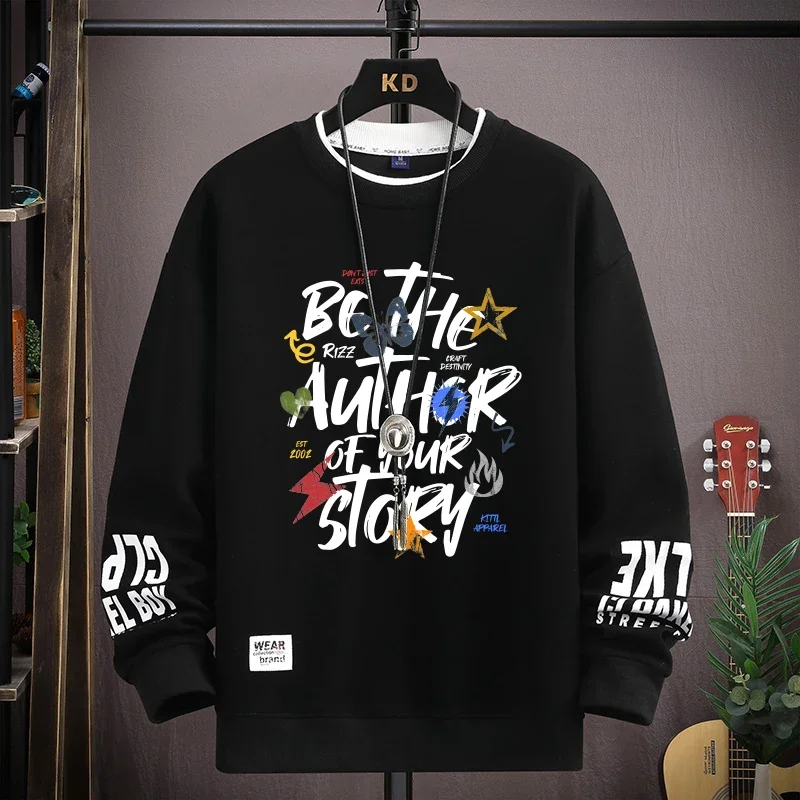 Streetwear Round Neck Pullover Long Sleeved T-Shirt Trendy Letter Print Sweatshirts Korean Fashion Spring Autumn Men's Clothing