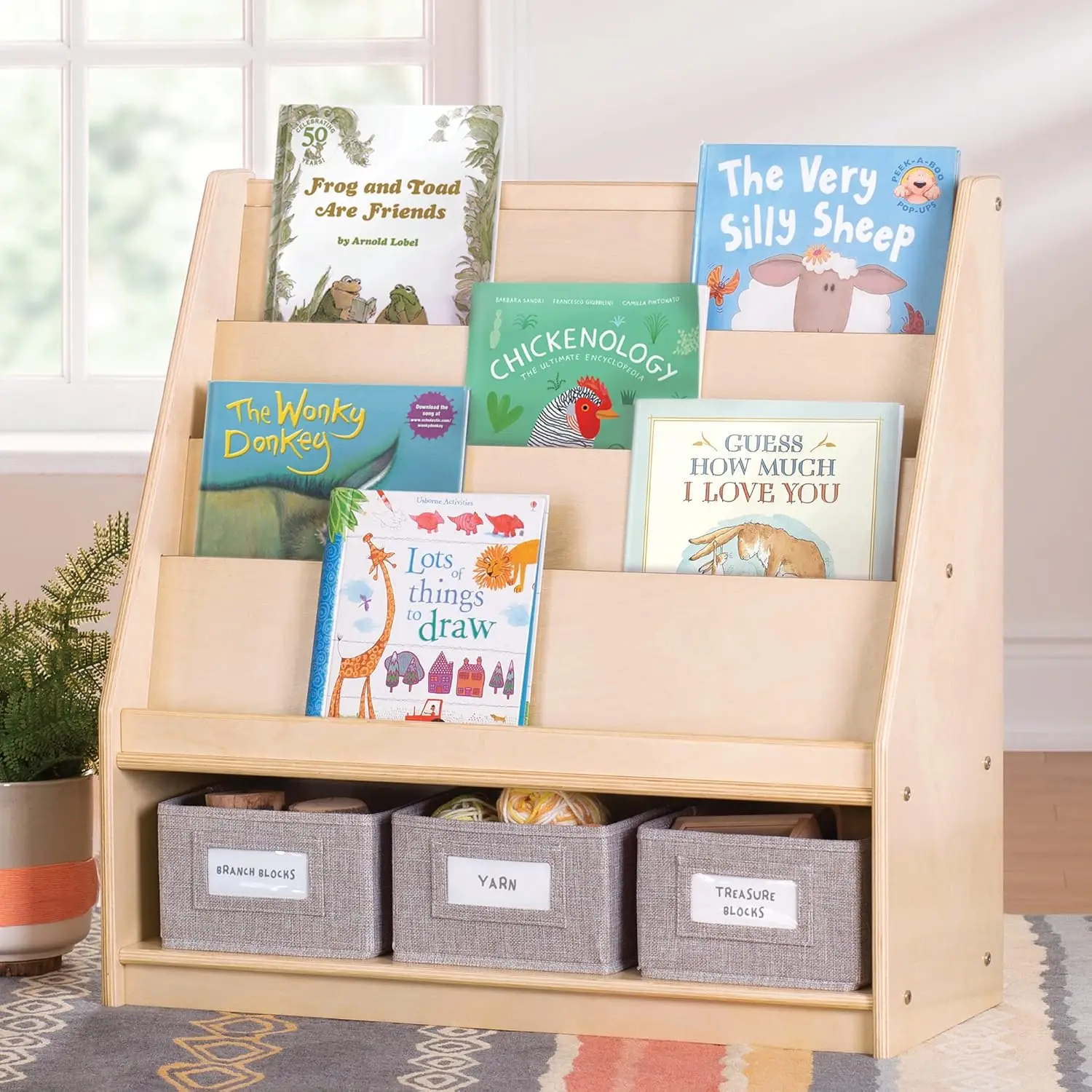 EdQ-Présentoir à Livres Naturel avec 3 Bacs de Rangement en Tissu, Bibliothèque Polyvalente en Bois et Rangement de Jouets