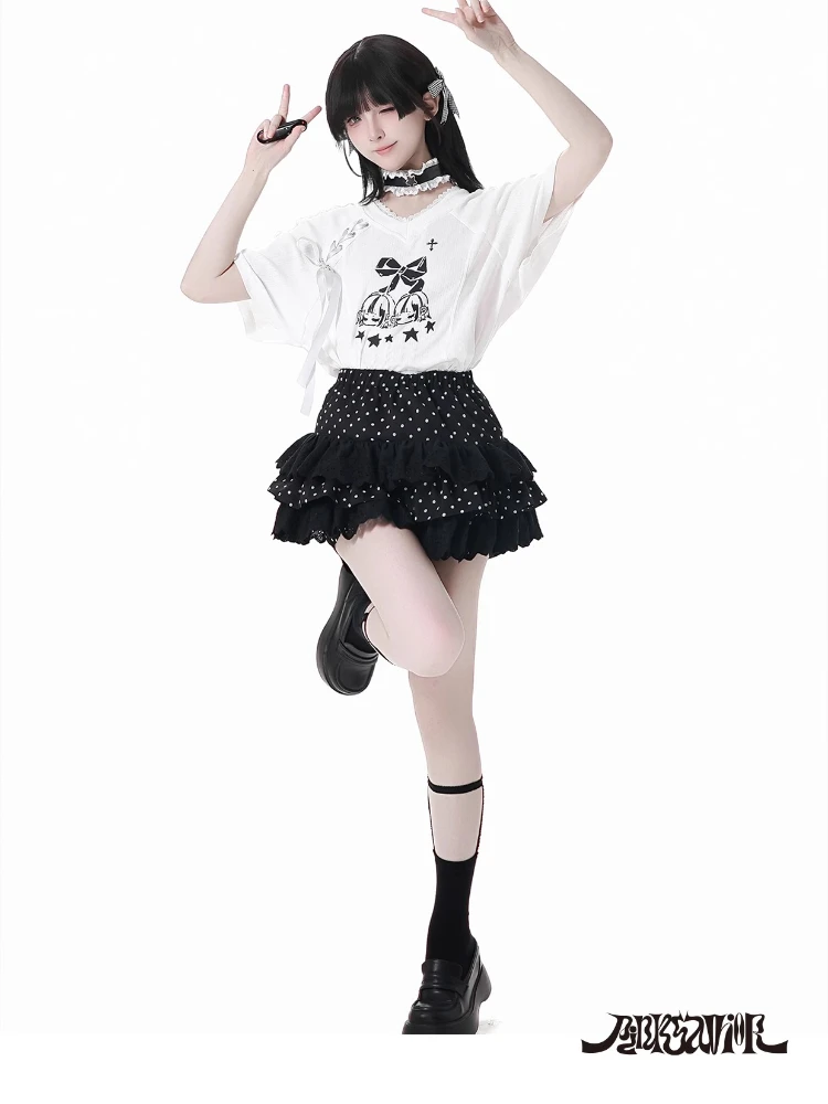 2025年夏 ハイストリート ドット柄 ロングスカート ファッション 多用途 伸縮性 ハイウエスト Aライン フリル スプライシング イレギュラー ブラック スカート レディース