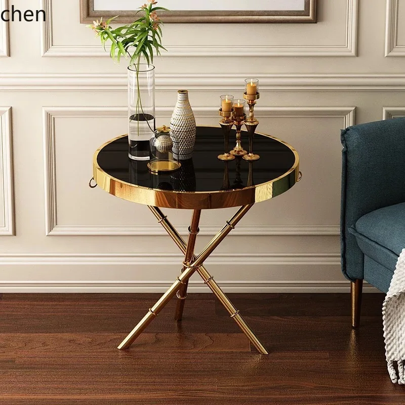 ZMLTitanium Marble Side Table with Rock Slab and Three Inclined Tubes Small Tea Table