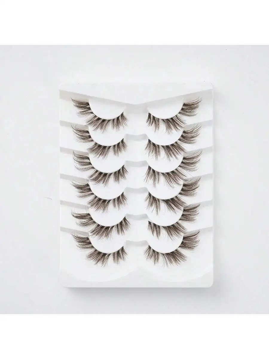 6 คู่ปุยสีน้ําตาลขนตาปลอมขนตาโปร่งใสที่มองไม่เห็น Band Lashes Crisscross Curl Fox Eye Effect Faux Mink Lashes