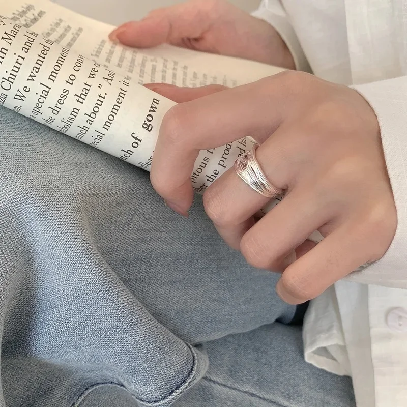 YISON Silver Ins Style Texture Wide Surface Open Ring for Stacking Exuding High End Exquisite Rings for Woman Jewelry Gifts