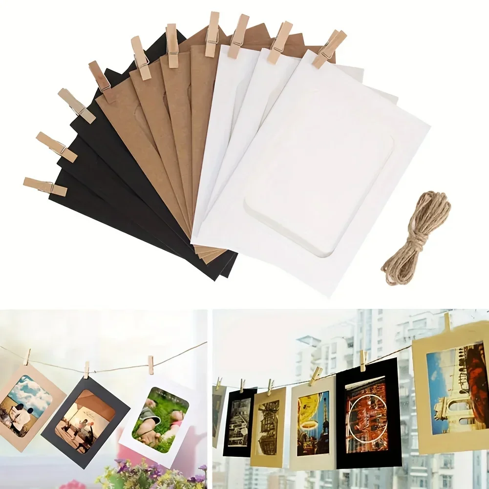 10pcs Photo Cardboard Picture Frame, DIY Paper Photo Frame With Wooden Clips, Wall Decoration, Bedroom decorative picture frame