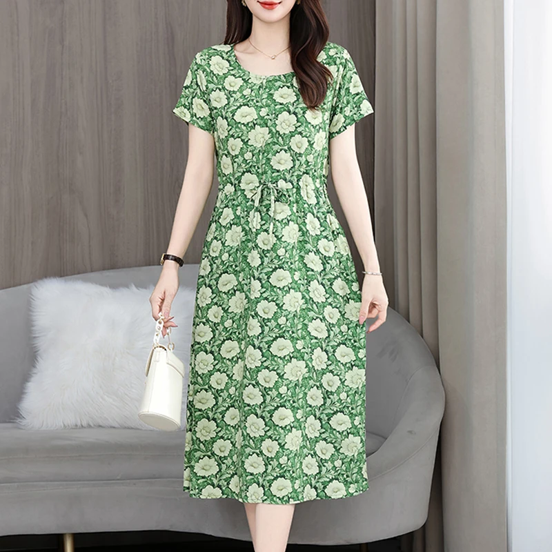 New Fashion 2025 Print Summer Dresses For Women Short Sleeve O-Neck Elegant Summer Dress Woman Clothing