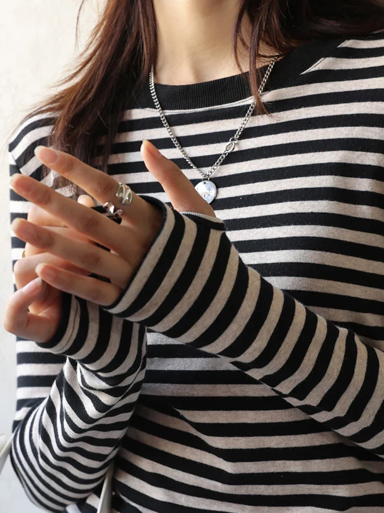 Vintage Pure Cotton Striped T-shirt for Women 2024 Spring Korean Basic O-neck Long Sleeve Base Shirt Pullovers T-shirts Tops