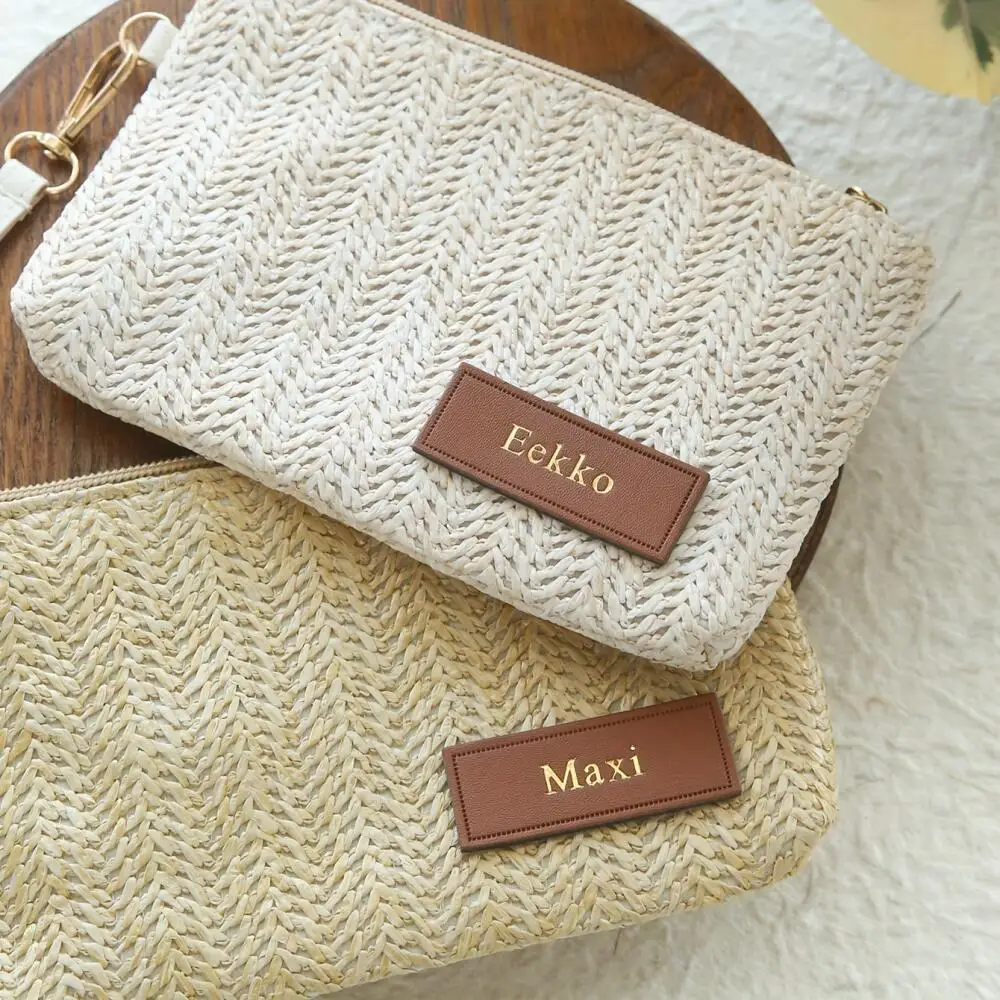 Custom Embossed Name Leather Label Straw Wristlet Clutch Bag Handmade Woven Raffia Cosmetic Makeup Pouch Beach Travel Storage
