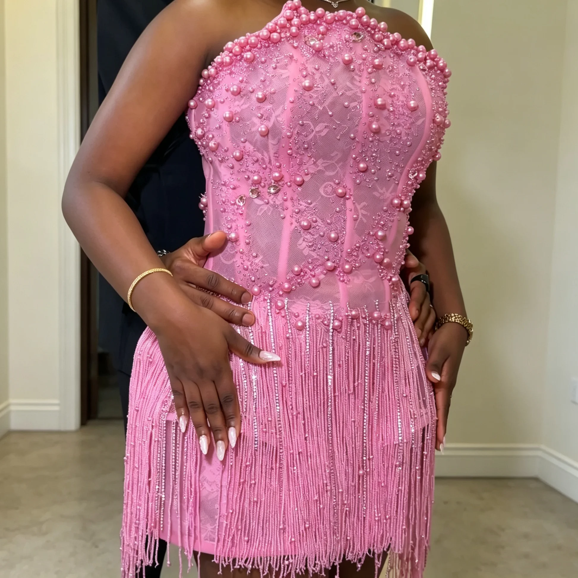Luxury Pink Beaded Prom Gown Strapless Corset Pearls Fringe Short Evening Dress Birthday Cocktail Dress Customized