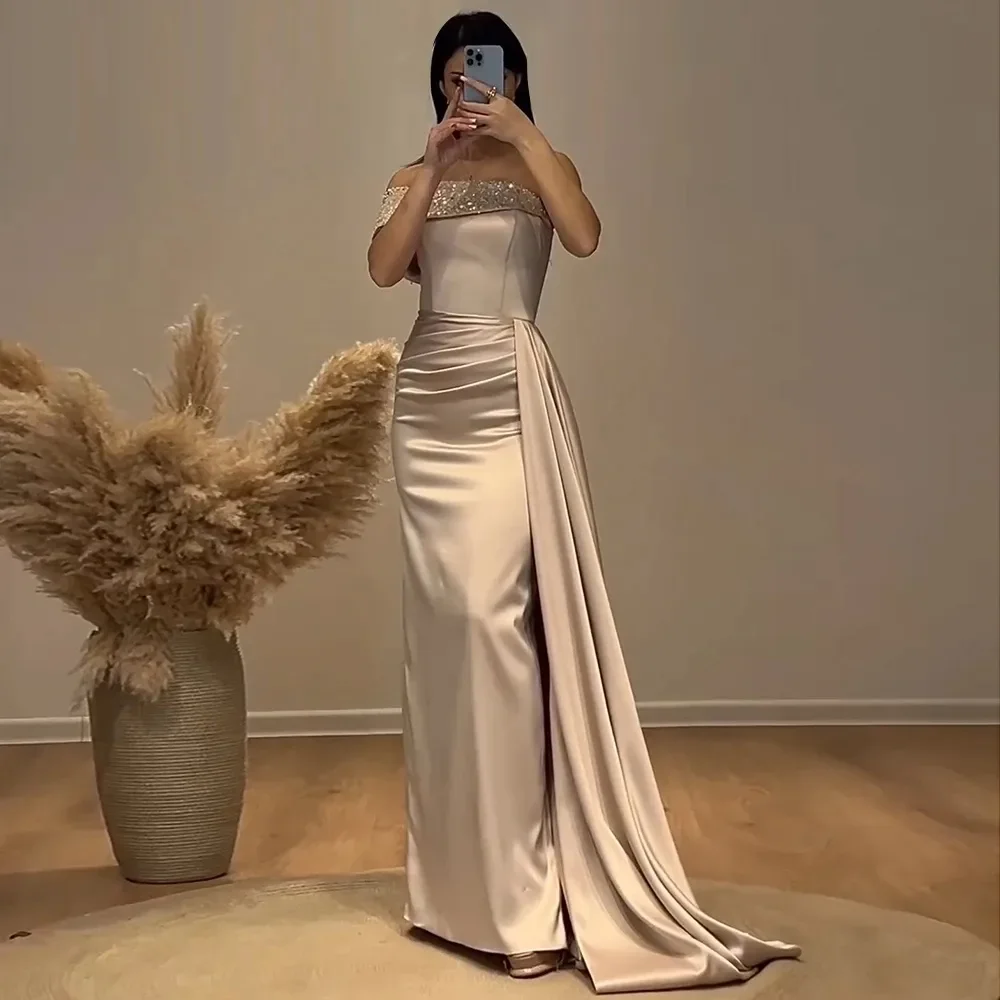 Elegant Rose Gold Mermaid Satin Evening Dress Women One Shoulder Beads Sequin Long Prom Pagenat Party Gowns Vestidos De Longo