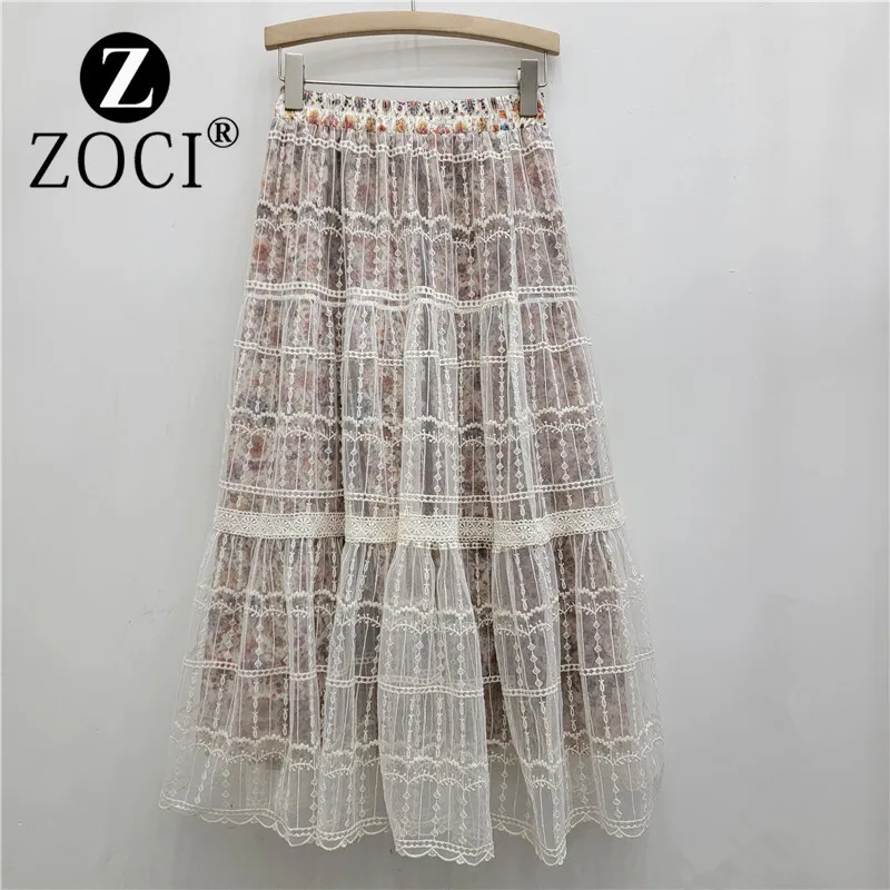 [zoci] French Lace High Waisted A-line Midi Women New Pleated Looks Slim Elegant, Printed Mid Length Skirt