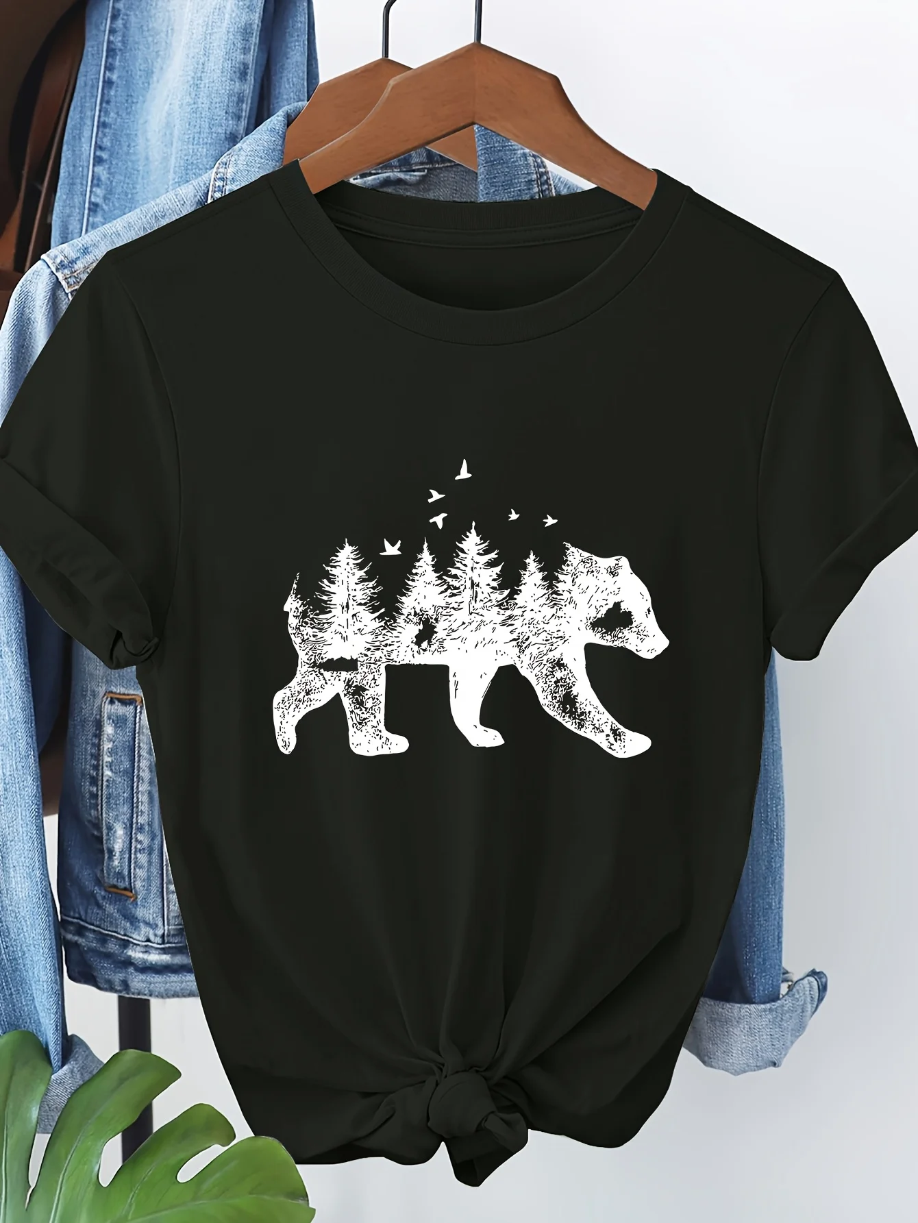 Women's Black Bear Graphic T-Shirt Full Tee with Bear Pine Tree and Bird Everyday Casual Breathable Casual Comfort Crew Neck Y2K