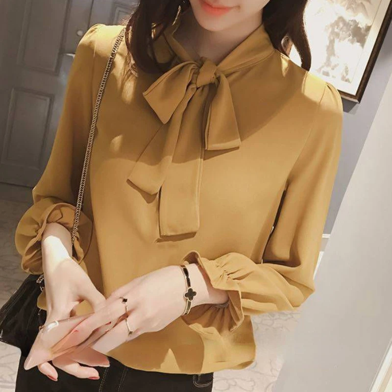 Hot Sale Blouse Women Elegant Fashion Bow Autumn Long Sleeve French Style Casual Vintage Female Feminine Daily Solid Breathable