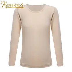 Kids Girls Thermal Underwear Tops Stretchy Solid Color Round Neck Long Sleeve T-shirt Base Shirt Tops for Ballet Dance Training