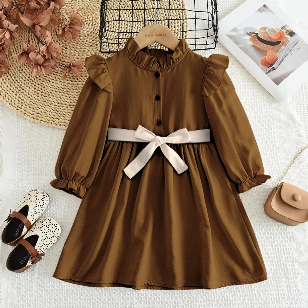 2025 Autumn New Solid Color Girls Clothes Belt Decoration Children's Long Sleeved Casual Dresses Khaki Kids Dress