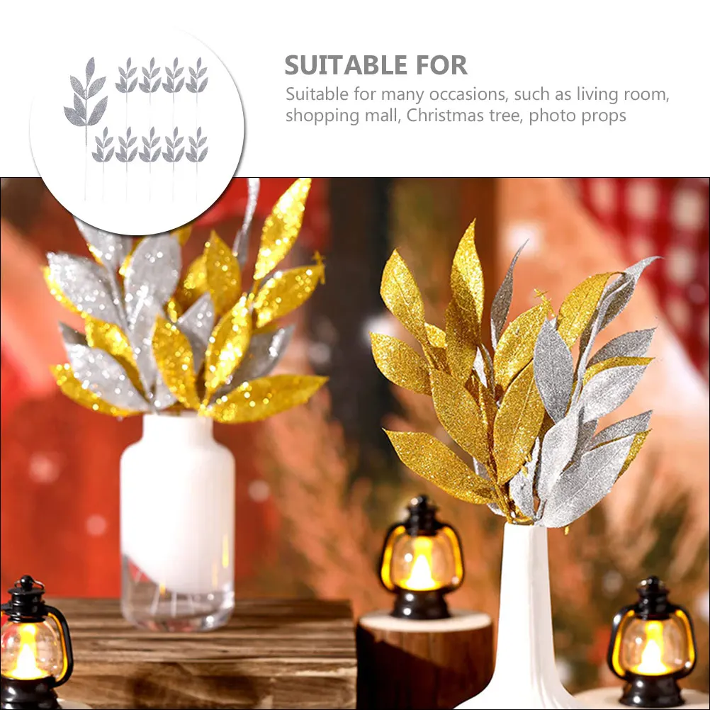 

10 Pcs Christmas Tree Wreath Decoration Red Floral Picks Halloween Leaves Decorations Silver