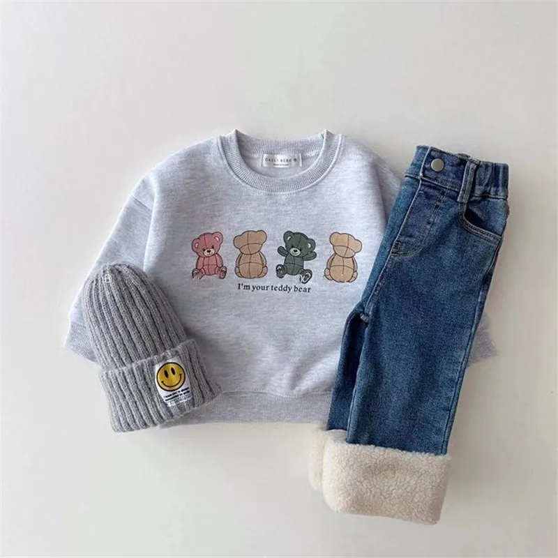 2024 New Baby Hoodies Cute Bear Print Infant Boys Cartoon Tops Autumn Kids Long Sleeve Sweatshirt Cotton Girls Clothes