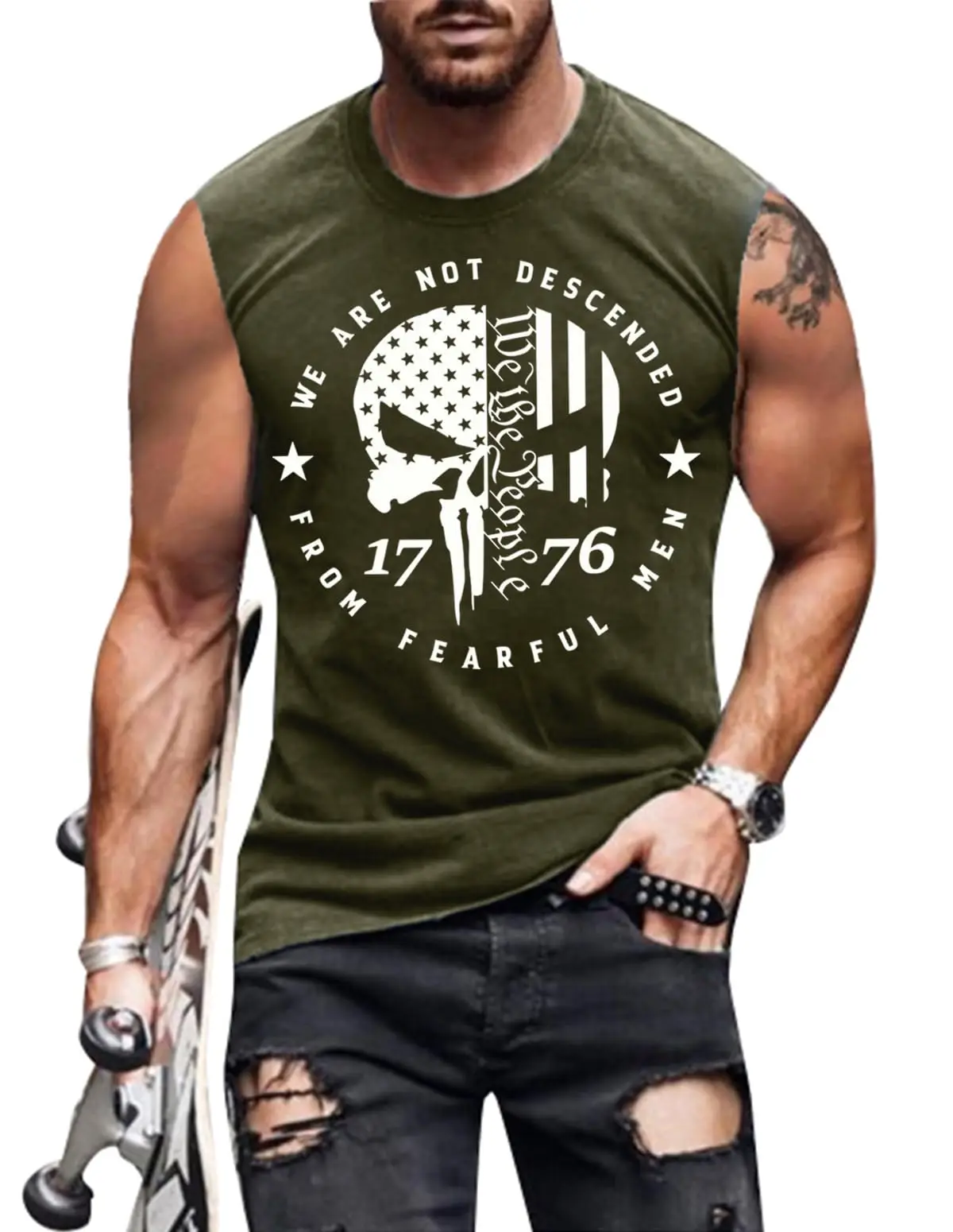 New summer hot men's sports casual comfortable retro sleeveless top circular letter skull print men's T-shirt