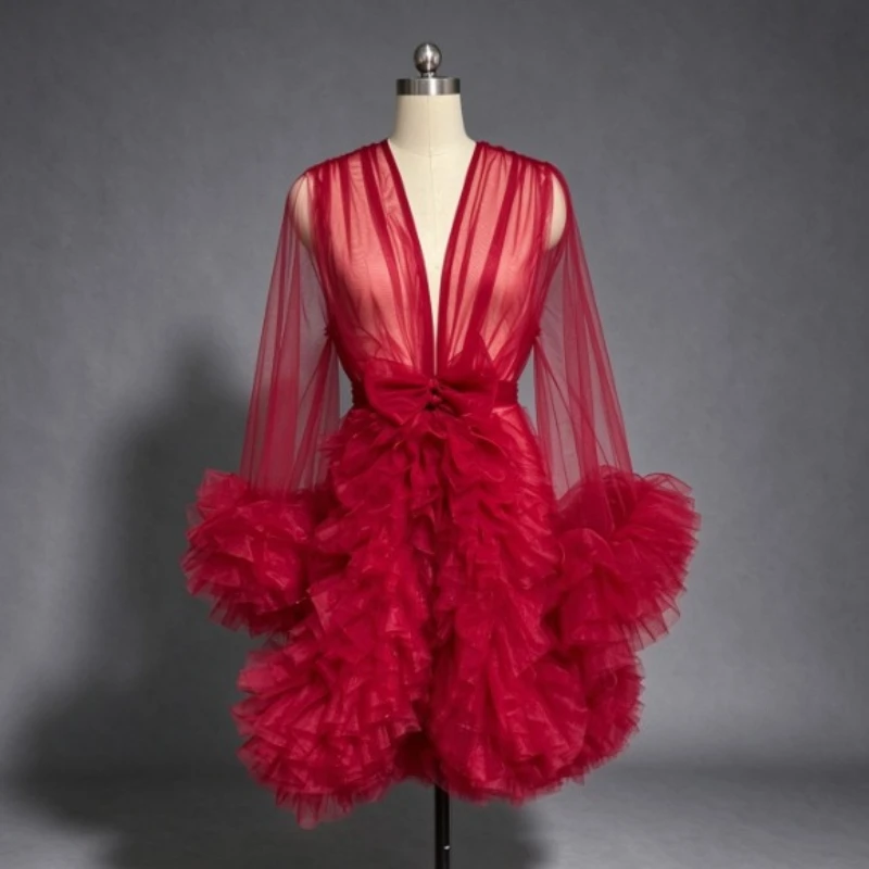 Red Fluffy Tulle Short Party Dress Deep V Neck Sheer Long Sleeve Bow Evening Gown for Photoshoot Wedding Guest