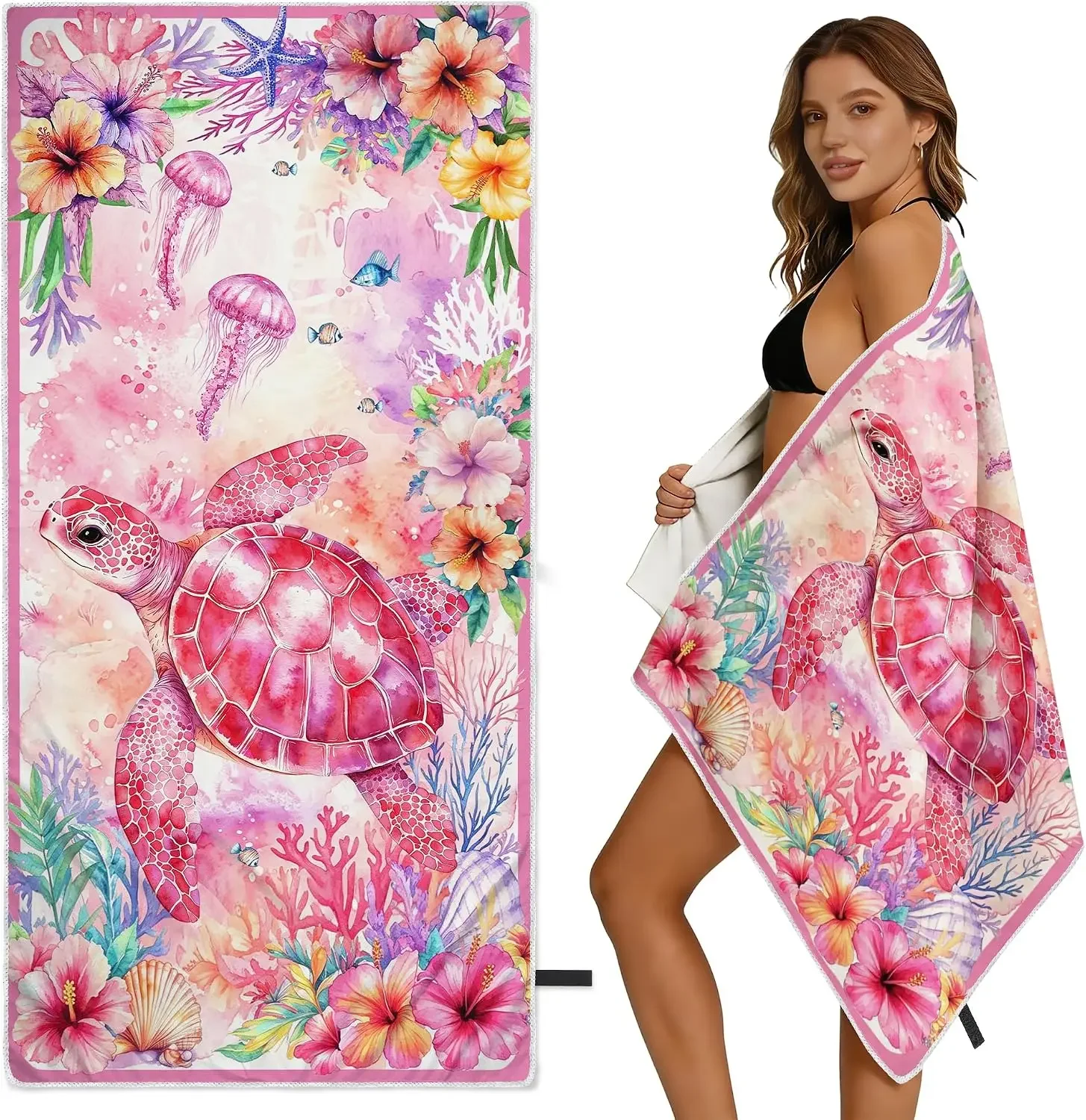 Tropical Sea Turtle Floral Watercolor Print Bath Towel Beach Resort Shower Robe Vibrant Ocean Life Waterproof Bathroom Gift for