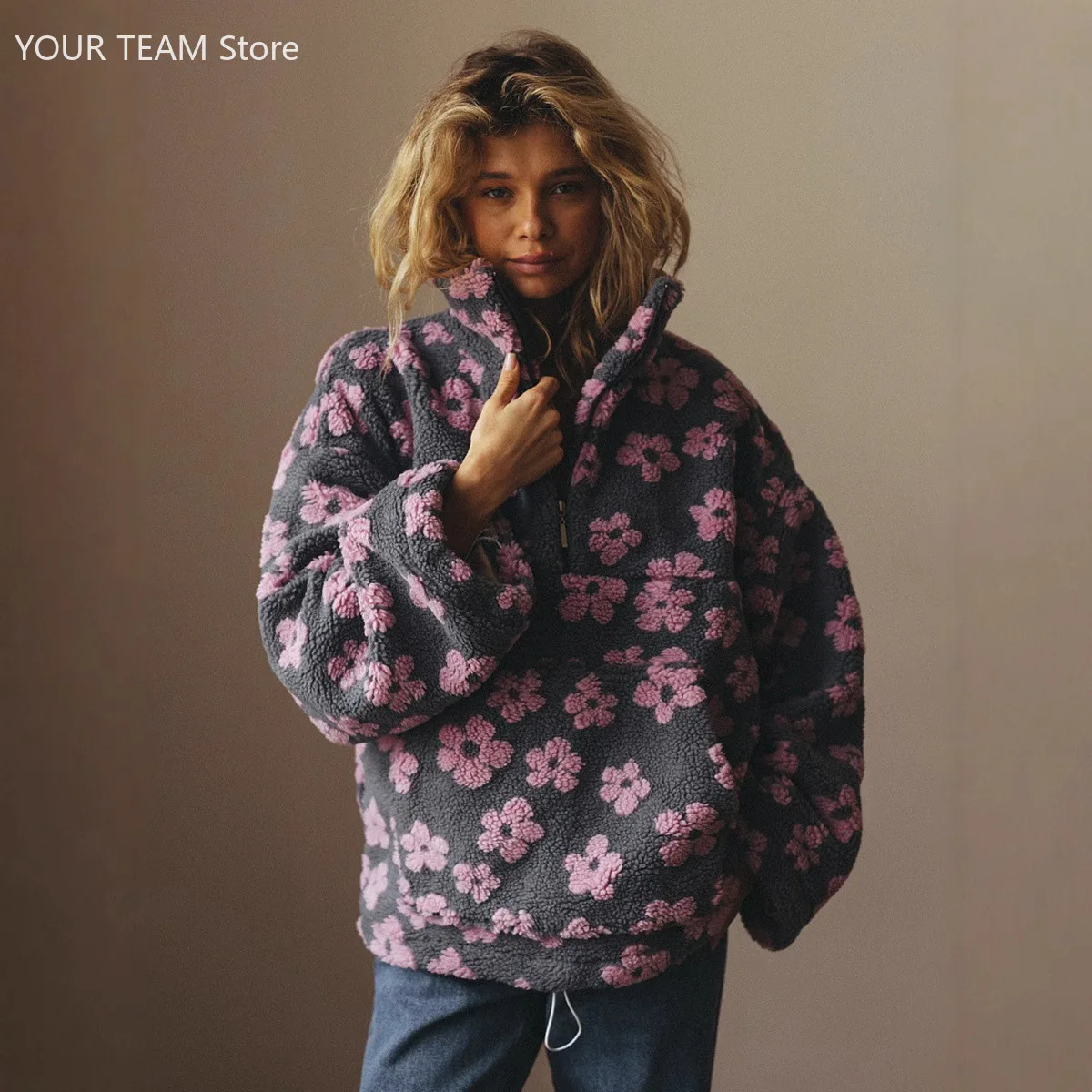 2025 Autumn Winter New Women's Fashion Fleece Flower Sweatshirt, Warm Fuzzy Sherpa Pullover, European and American Style