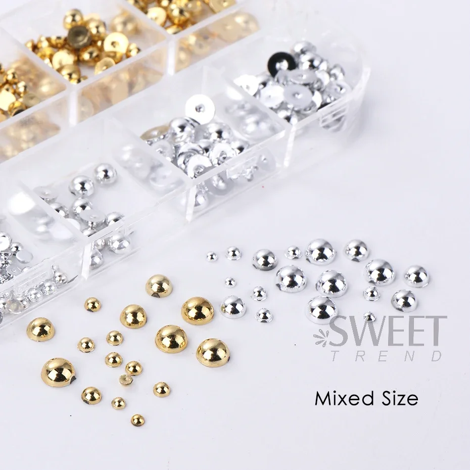 12 Grids Gold Silver Pearl Beads Nail Charms Half Round Flatback Ball Jewelry Metal Semicircle DIY Accessories Craft Decoration