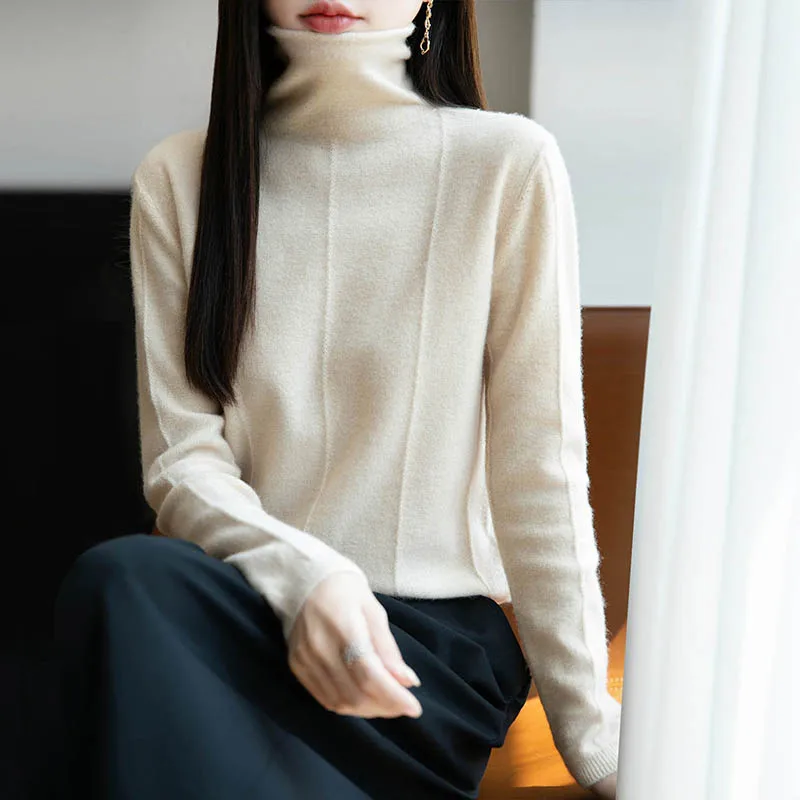 

Autumn and winter women's 100% wool pullover high neck solid color striped knitted sweater round neck casual long sleeved top