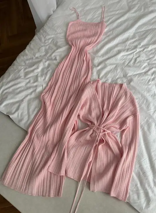 

Solid Color Casual Lace Up Cardigan Jacket and Sleeveless Camisole Dress Set for Autumn Women's Fashion and Elegance 2-Piece Set