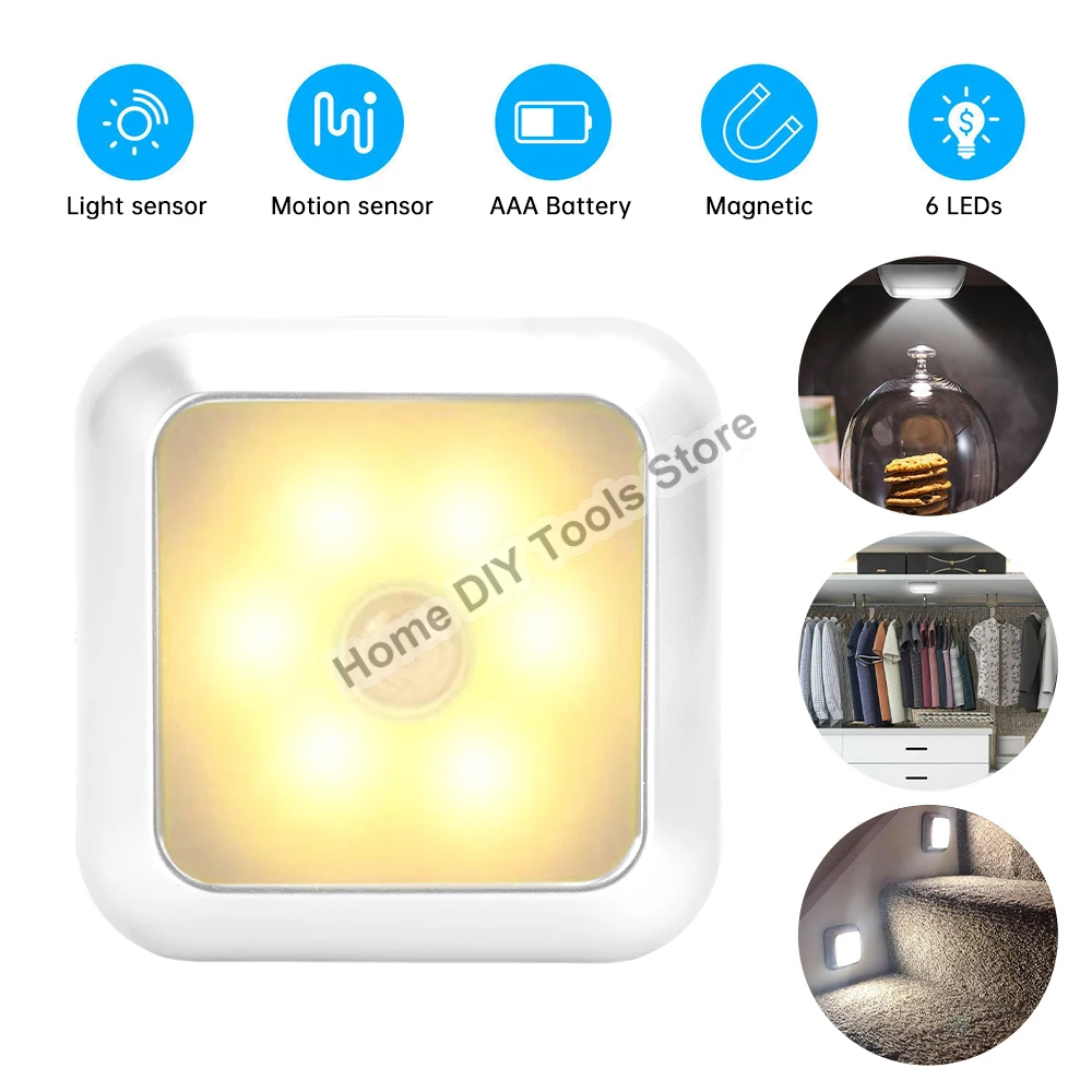 

6 LED Motion Sensor Night Light Indoor Stair Puck Light Cordless LED Step Light Under Cabinet Hallway Stairway Closet Kitchen