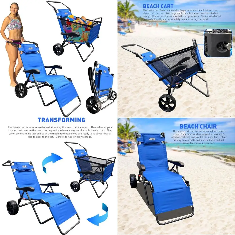 

Beach Folding Cart Chair with Large Wheels, High Capacity, Easy to Convert, Blue for Outdoor Convenience