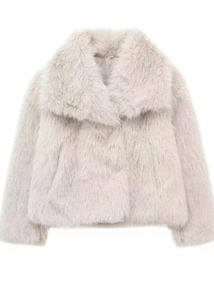 DFDG 여성용 2025 가을 겨울 인조 모피 코트 친환경 두꺼운 맥시 칼라 스타일리시 미니멀리스트 캐주얼 따뜻한 아우터웨어 모피 코트