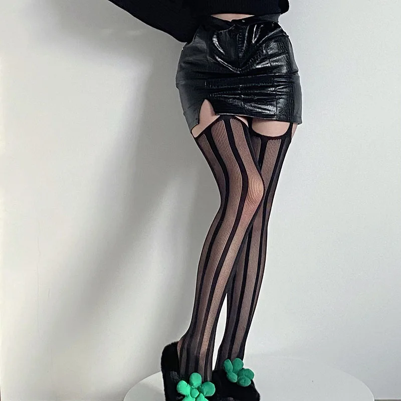 

Gothic Open Crotch Garter Net Socks Striped Sexy Women's Tights Fishnet Stockings Punk Spice Girl Mesh Women's Pantyhose