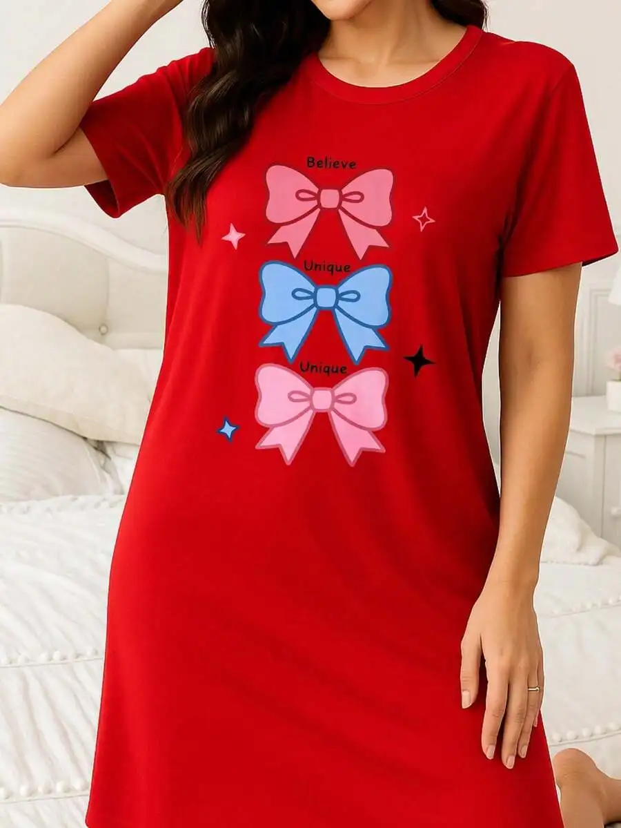 White Sleep Dress With Believe Unique Triple Bow Print Women Loungewear Nightgown Plus Size - view 6