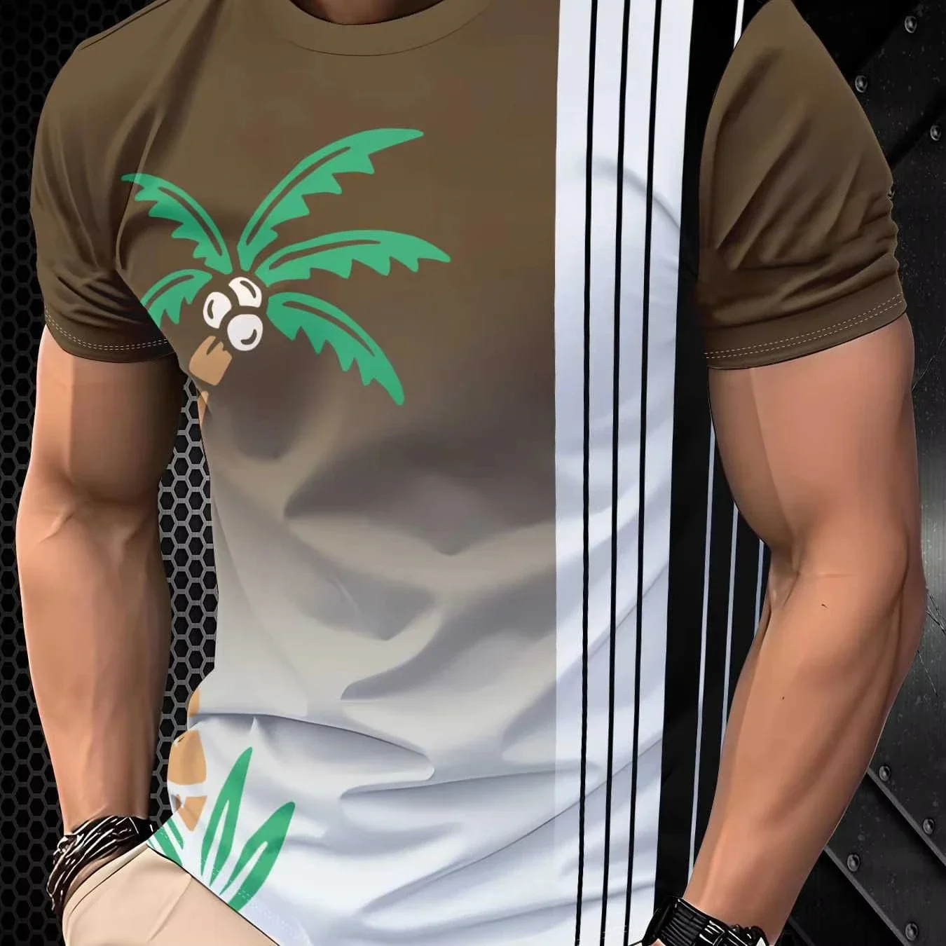 Men Gradient Coconut Tree Stripe Print T Shirt Crew Neck Short Sleeve Brown White Casual Summer Beach Tees